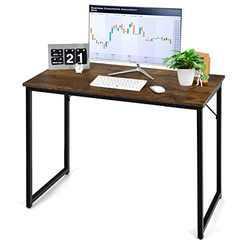 COSTWAY Home Office Computer Desk, 40 inch Modern Simple Writing Study Desk, Metal Frame Gaming Desk, Laptop PC Workstation for Living Room, Bedroom & Study (Rustic Brown)