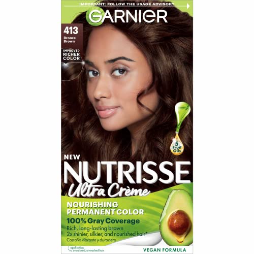 Garnier Hair Color Nutrisse Nourishing Creme, 413 Bronze Brown (Bronze Sugar) Permanent Hair Dye, 1 Count (Packaging May Vary)