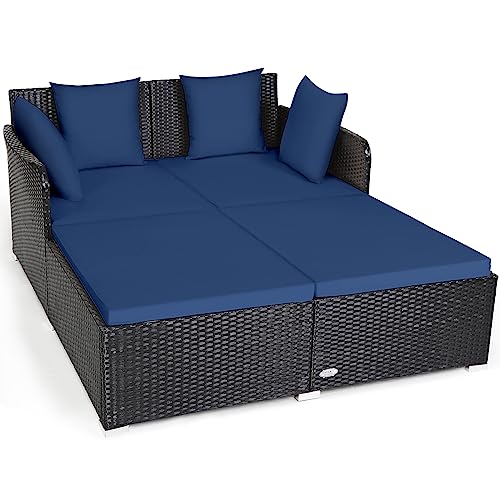 COSTWAY Outdoor Patio Rattan Daybed Pillows Cushioned Sofa Furniture Navy Blue