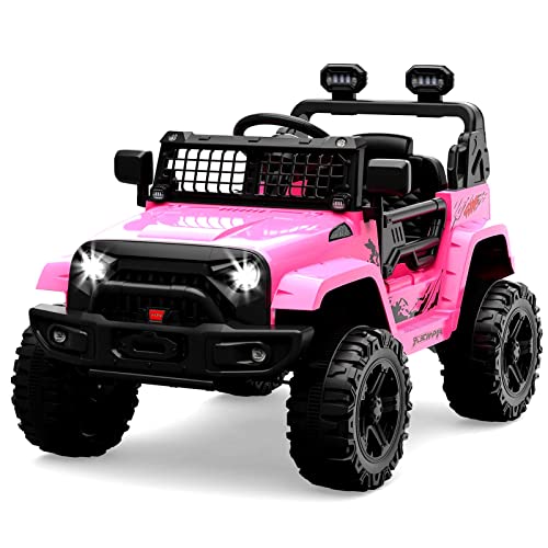 Ride on Truck Car 12V Kids Electric Vehicles with Remote Control Spring Suspension, LED Lights, Bluetooth, 2 Speeds