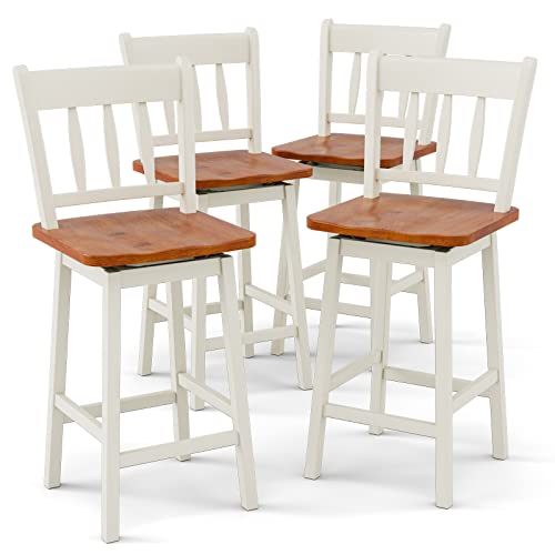 COSTWAY 24.5 Inch Bar Stools Set of 4, Rubber Wood Bar Chairs with 360¡Swiveling, Footrest, Swivel Counter Height Barstools Ideal for Kitchen Island, Counter, Pub or Bar (4, White)