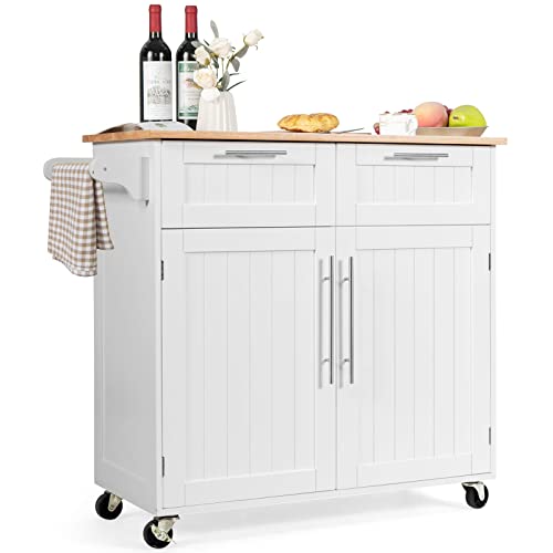 COSTWAY Kitchen Island Cart on Wheels, with Side Towel Bar, 2 Drawers, 2 Door Cabinet, Rolling Storage Trolley Cart with Rubber Wood Top & Lockable Casters (White)