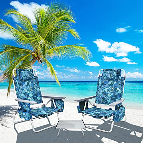 COSTWAY 2-Pack Folding Backpack Beach Chair Table Set 5-Position Outdoor Reclining Chair, Navy