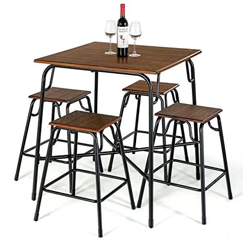 COSTWAY 5-Piece Bar Table Set Industrial Counter Height Square Table with 4-Piece Classic Backless Stools Space-Saving Vintage Dining Table Set for Apartment Breakfast Nook Easy Assembly Rustic Brown