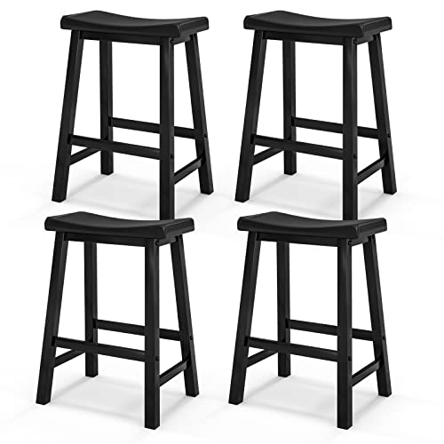 COSTWAY Saddle Stools Set of 4, 24-inch Counter Height Barstools with Solid Wood Legs & Footrests, Modern Backless Stools with Saddle Seat for Kitchen Counter, Island, Home Bar, Black