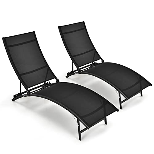 COSTWAY 2 PCS Patio Folding Chaise Lounge Chair Recliner Adjustable Stackable Deck Black