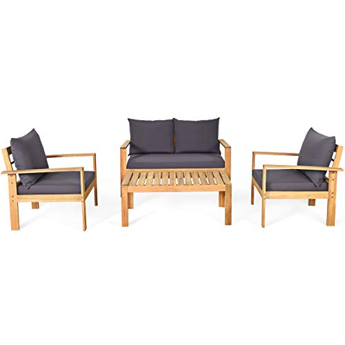 COSTWAY 4 Piece Wooden Furniture Set, Outdoor Conversation Set of 4 with 2 Single Sofa Chair, 1 Loveseat, 1 Coffee Table, Soft Seat & Back Cushions, for Garden, Patio, Poolside