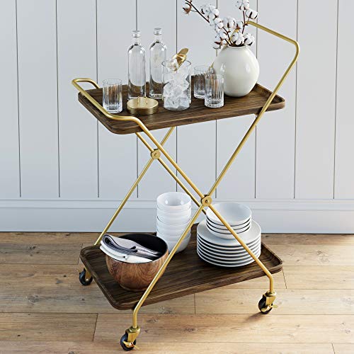 Nathan James Mid-Century Modern Two Tier Rolling Serving, Hallie Wood Bar Cart, Brown/Brass