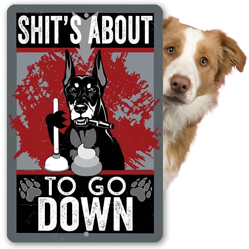 Shit's About To Go - Funny Bathroom Decor, Washroom and Toilet Decoration, Angry Dog Display and Fun Housewarming Gift Idea, 8x12 Use Indoors or Outdoors Durable Metal Sign