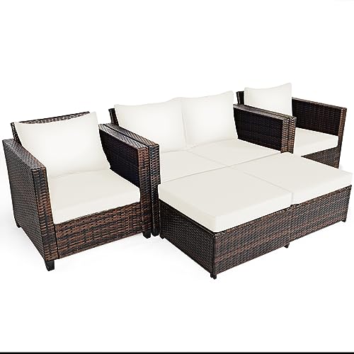 COSTWAY 5PCS Patio Rattan Furniture Set Loveseat Sofa Ottoman Cushioned White