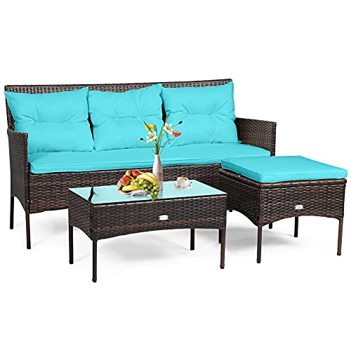 COSTWAY 3PCS Patio Rattan Furniture Set 3-Seat Sofa Cushioned Table Garden, Turquoise