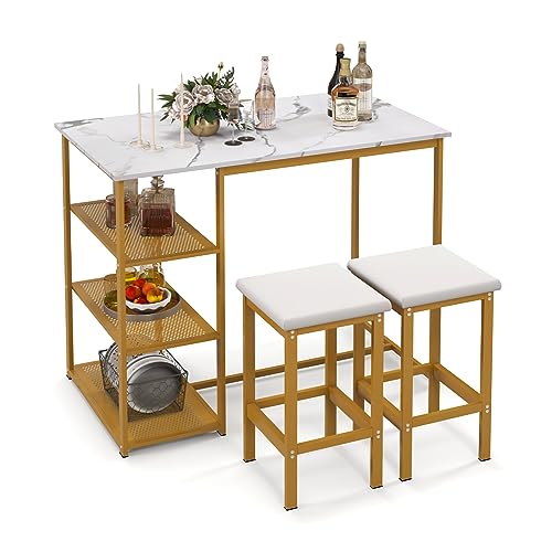 COSTWAY 3 Pieces Gold Bar Table Set, Modern Kitchen Counter Height Table with Faux Marble Top & 3-Tier Storage Shelves, Space Saving Breakfast Table with 2 Stools for Small Space, Dining Room