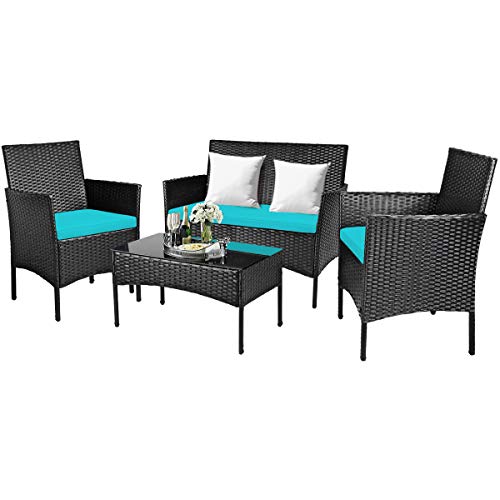 COSTWAY 4PCS Patio Rattan Furniture Set Cushioned Sofa Coffee Table Backyard Turquoise