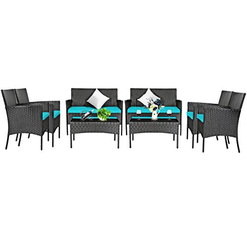 COSTWAY 8PCS Patio Rattan Furniture Set Cushioned Sofa Coffee Table Backyard Turquoise