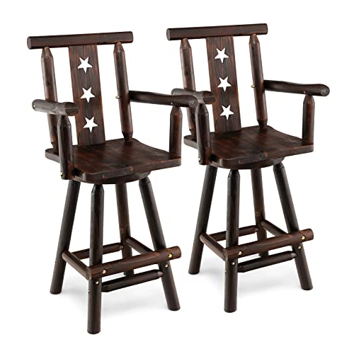 COSTWAY Bar Stools Set of 2, 29ÕÕ Solid Fir Wood Bar Chair with Footrest, Decorative Star Backrest, Wide Armrest, Rustic Kitchen Stool, Tall Bistro Chair for Dining Room, Restaurant, Pub, Brown (2)