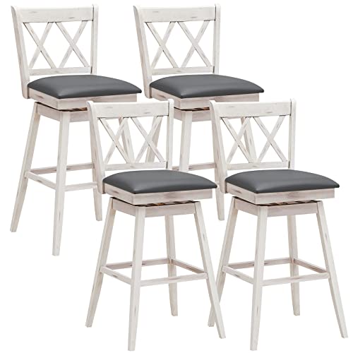 COSTWAY Bar Stool Set of 4, 360 ¡Swivel Bar Height 29.5 inch Bar Stool with Foot Rest Upholstered Cushion & Ergonomic Backrest, Sturdy Frame, for Pub, Restaurant, Home (4, Antique White + Grey)