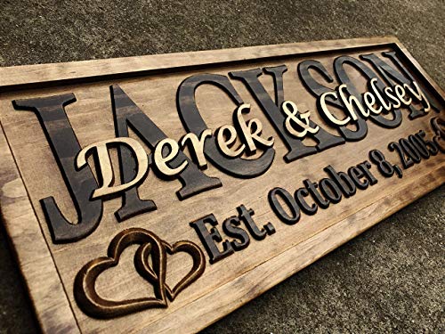 Personalized Wedding Gift Last Name Established Sign Family Name Signs Custom Wood Sign Carved Wood Decor 3D Hearts Couples Sign 5 Year Anniversary Gift