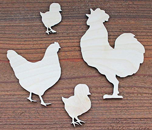 Set of 4 Rooster 1/8" thick Hen Chicks Chickens Unfinished Wood Laser Cut Out Crafts Farmhouse Sign DIY Ready to Paint or Stain