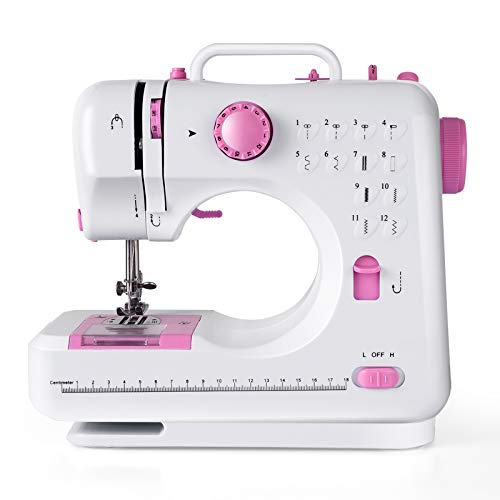 COSTWAY Electric Multifunctional Sewing Machine, 12 Stitches Portable Sewing Machine with Light Free Arm Battery, DC Adapter, Adjustable Sewing Speed (Pink+White)