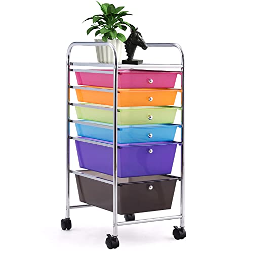 COSTWAY 6-Drawer Rolling Storage Cart, Multifunctional Art Craft Tools Organizer on Wheels, Heavy Duty Utility Mobile Storage Trolley w/ 2 Lockable Wheels for Home Office School (Rainbow)