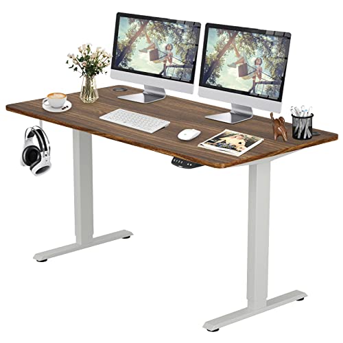 COSTWAY Dual Motor Electric Stand Up Desk, Height Adjustable Standing Desk w/Solid One-Piece Desktop & Memory Controller, Home Office Sit-to-Stand Computer Workstation (White + Walnut, 55''X28'')