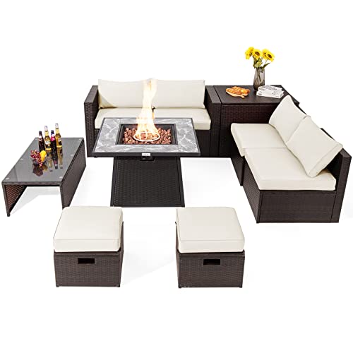 COSTWAY 9PCS Patio Rattan Furniture Set Fire Pit Space-Saving Storage W/Cover Off White