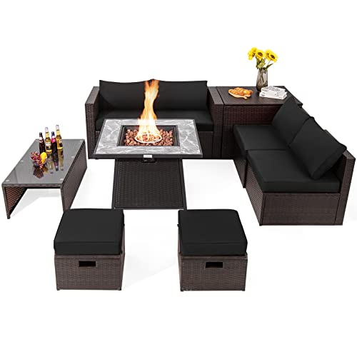 COSTWAY 9PCS Patio Rattan Furniture Set Fire Pit Space-Saving Storage W/Cover Black