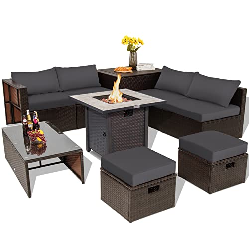 COSTWAY 9PCS Patio Rattan Furniture Set 30" Fire Pit Table Space-Saving Cover Grey