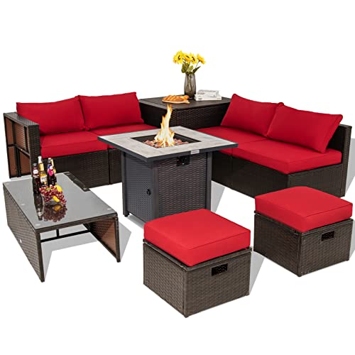 COSTWAY 9PCS Patio Rattan Furniture Set 30" Fire Pit Table Space-Saving Cover Red