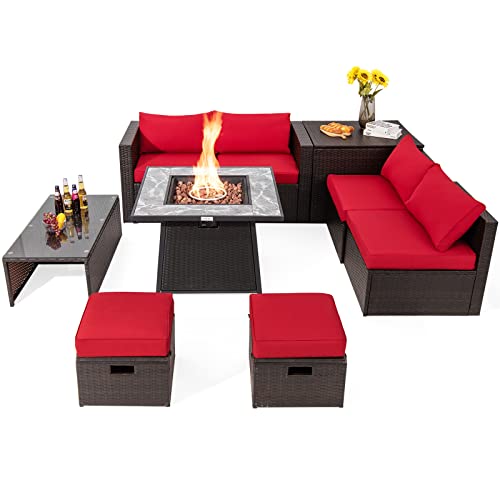 COSTWAY 9PCS Patio Rattan Furniture Set Fire Pit Space-Saving Storage W/Cover Red