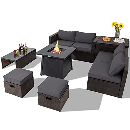 COSTWAY 9PCS Patio Rattan Furniture Set Space Saving 30" Fire Pit Table Grey Cover