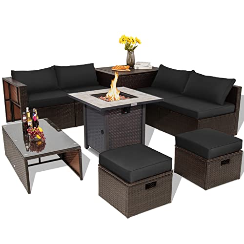 COSTWAY 9PCS Patio Rattan Furniture Set 30" Fire Pit Table Space-Saving Cover Black