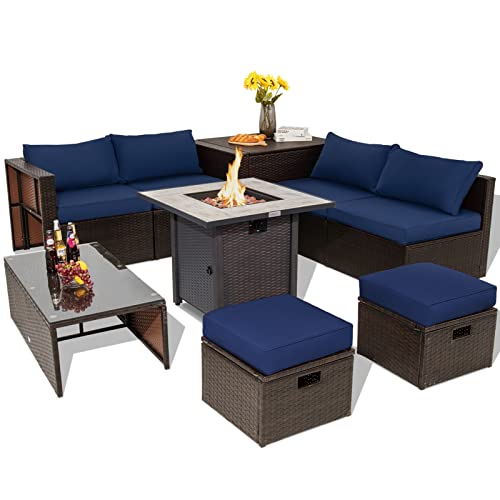 COSTWAY 9PCS Patio Rattan Furniture Set 30" Fire Pit Table Space-Saving Cover Navy