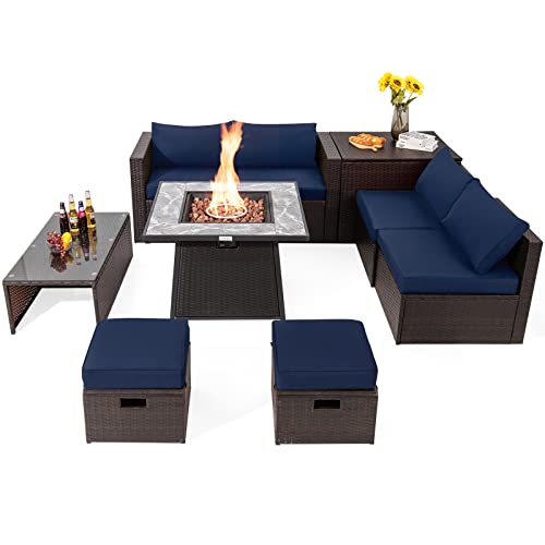 COSTWAY 9PCS Patio Rattan Furniture Set Fire Pit Space-Saving Storage W/Cover Navy