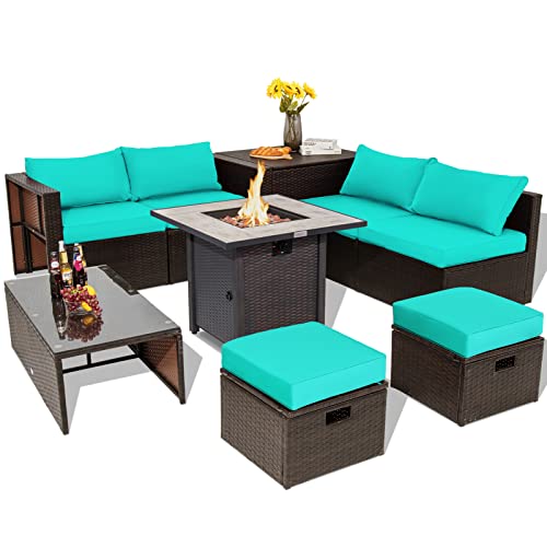 COSTWAY 9PCS Patio Rattan Furniture Set 30" Fire Pit Table Space-Saving Cover Turquoise