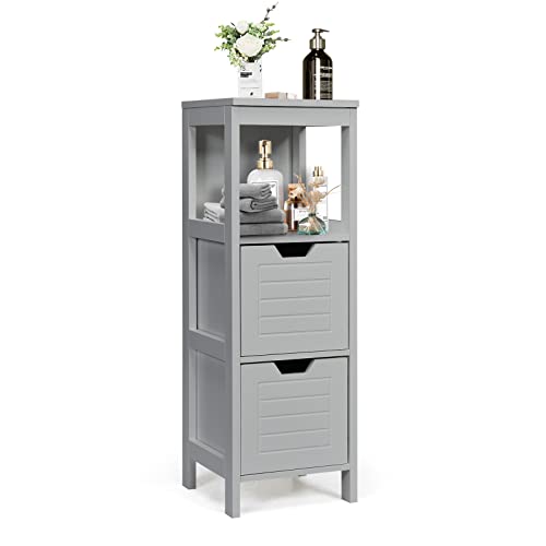 COSTWAY Bathroom Storage Cabinet, Freestanding Wooden Side Storage Cabinet with 2 Adjustable Drawers, Space-Saving Floor Cabinet for Living Room Bathroom Bedroom Entryway (Grey)