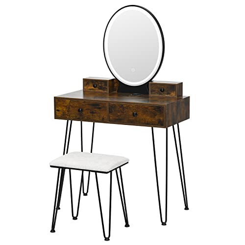 COSTWAY Vanity Desk Set with Mirror and Lights, Vanity Mirror with 3 Color Lighting Modes & Adjustable Brightness, Makeup Dressing Table with Cushioned Stool for Women Girls (Natural & Black)