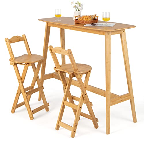 COSTWAY 3 Piece Bamboo Bar Table and Chairs Set, 48-inch Narrow Counter Height Dining Table with 2 Folding Bar Stools, Pub Breakfast Table Set of 3 for Kitchen, Living Room, Dining Room, Natural