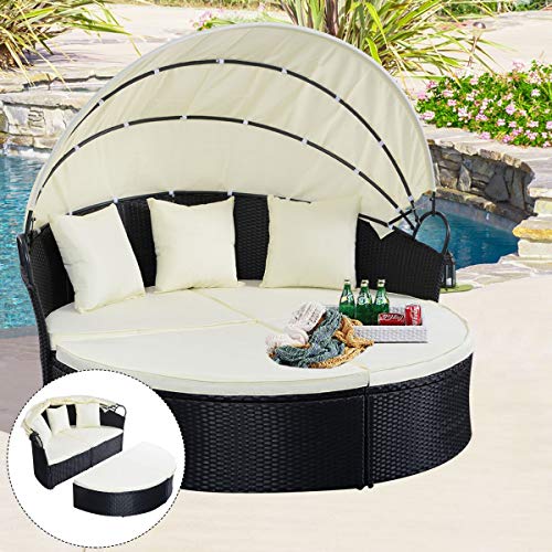 COSTWAY Outdoor Patio Sofa Furniture Round Retractable Canopy Daybed Black Wicker Rattan