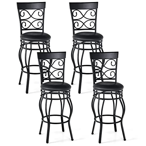 COSTWAY Bar Stools Set of 4, 360 Degree Swivel, 30" Bar Height Bar stools, with Leather Padded Seat Bistro Metal Vintage Chairs with Back for Kitchen Island, Pub (Set of 4)