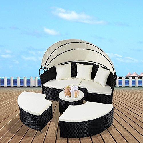 Costway Daybed Patio Sofa Furniture Round Retractable Canopy Wicker Rattan Outdoor