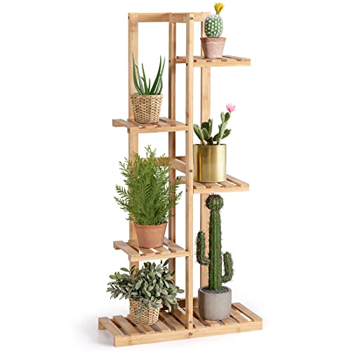 COSTWAY 5-tier Plant Stand, Bamboo Plants Holder Outdoor Multi-Tiered Plant Shelf Coated with Varnish & 6 Pots, Multi-purpose Display Shelf for Balcony Garden Living Room (5 Tier)