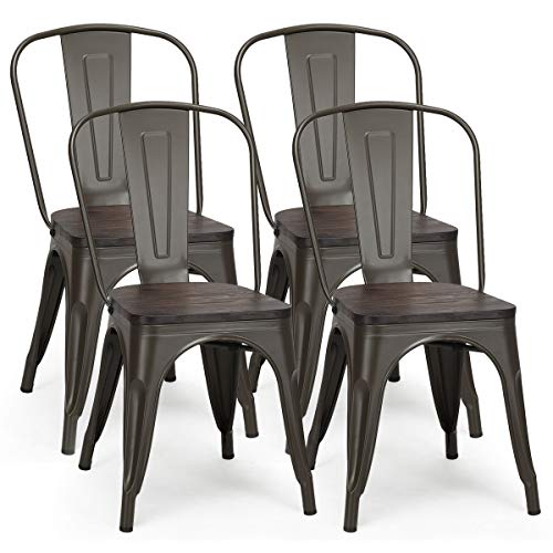 COSTWAY Tolix Style Dining Chairs Industrial Metal Stackable Cafe Side Chair with Wood Seat Set of 4 (Copper-Colored)