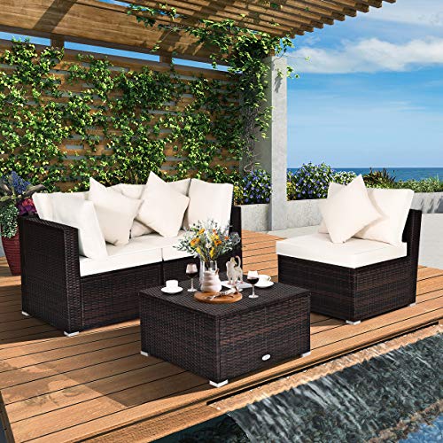 COSTWAY 4PCS Patio Rattan Wicker Sofa Furniture Set Cushioned Conversation Ottoman Set