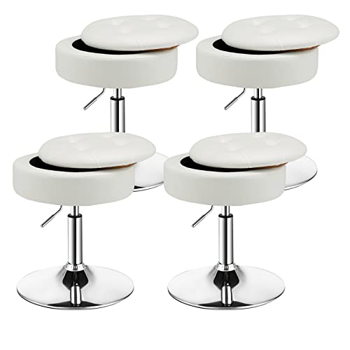 COSTWAY Counter Height Bar Stool Set of 4, Tufted PU Leather 20"-26" H Adjustable Swivel Vanity Chair with Removable Tray Top and Storage Space, Modern Round Ottoman for Makeup Kitchen Island, White