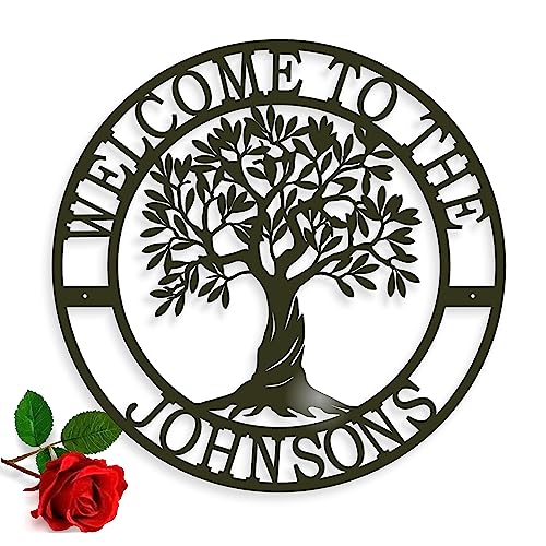 FranJohnsonHouse Personalized Welcome Metal Sign, Welcome to Our Home, Custom Family Name, Tree of Life Sign, Front Door Monogram, Tree Wall Art, Wall Hanging Olive Tree, Housewarming Gift (Design 3)