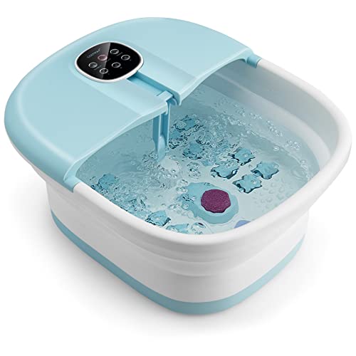 COSTWAY Collapsible Foot Spa Bath, with Heat, Bubbles, 16 Shiatsu Massage Rollers, Pedicure Foot Spa Tub W/Remote Control, Timer, Pumice Stone, Medicine Box (Light Blue+White)