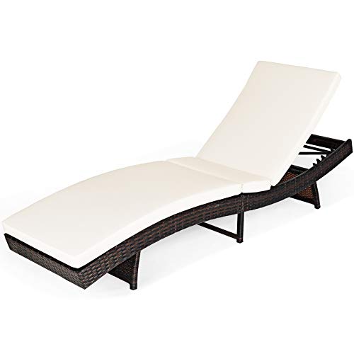 COSTWAY Patio Rattan Folding Lounge Chair Chaise Adjustable W/White Cushion