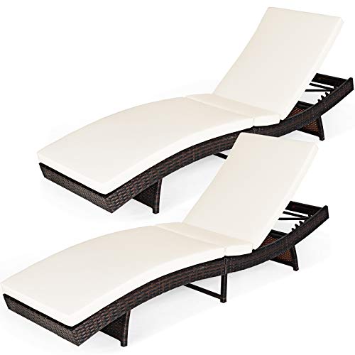 COSTWAY 2PCS Patio Rattan Folding Lounge Chair Chaise Adjustable White Cushion