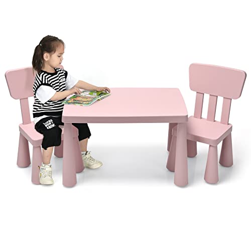 COSTWAY 3-Piece Kids Table and Chairs Set, Lightweight Plastic Children Activity Center for Reading, Writing, Painting, Snack Time, Kids Furniture Art Study Desk & Chairs Set for Ages 1-7 (Pink)